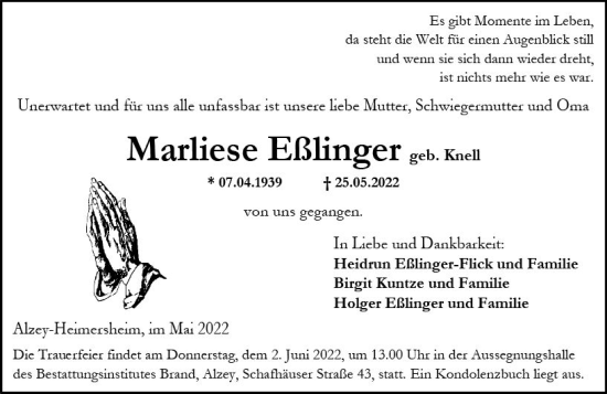 Traueranzeige von Marliese Eßlinger von vrm-trauer Allgemeine Zeitung Alzey