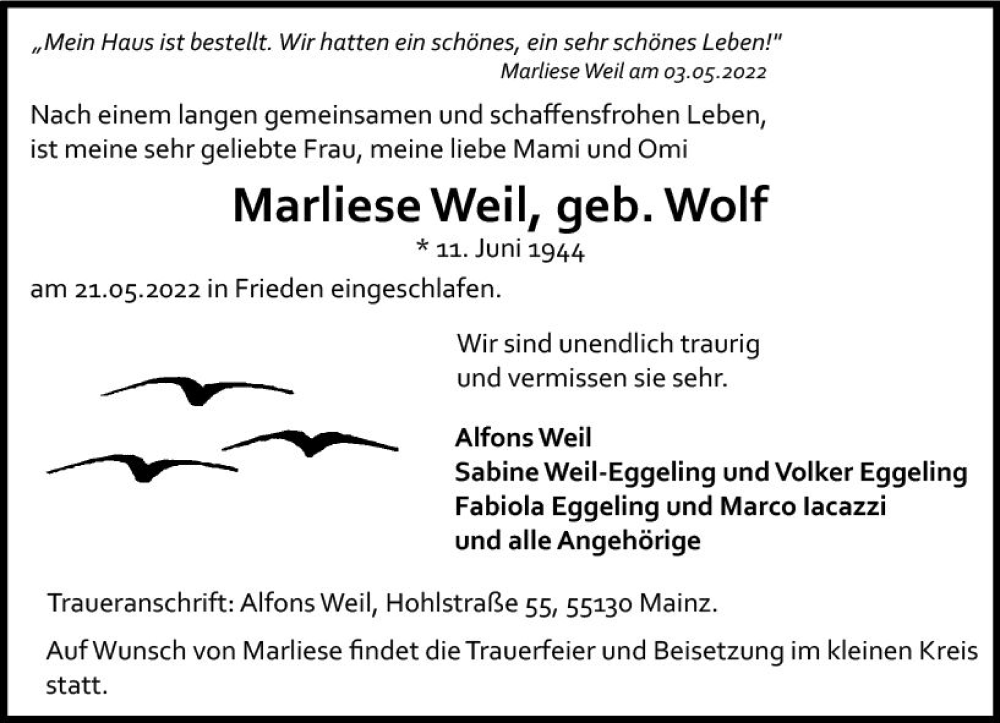  Traueranzeige für Marliese Weil vom 28.05.2022 aus vrm-trauer AZ Mainz