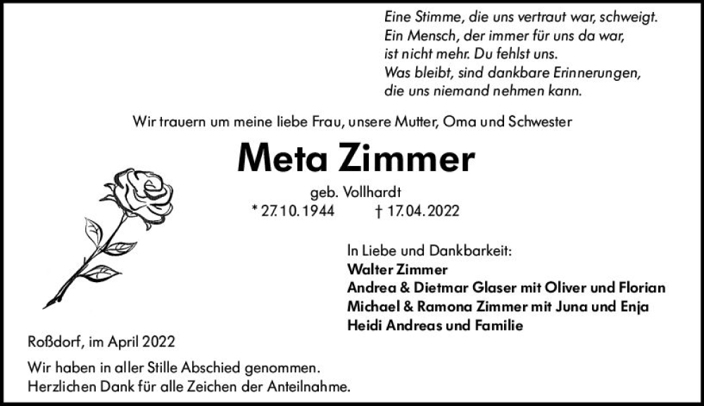  Traueranzeige für Meta Zimmer vom 07.05.2022 aus vrm-trauer Darmstädter Echo