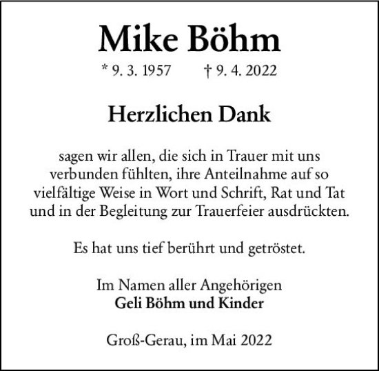 Traueranzeige von Mike Böhm von vrm-trauer Groß-Gerauer Echo