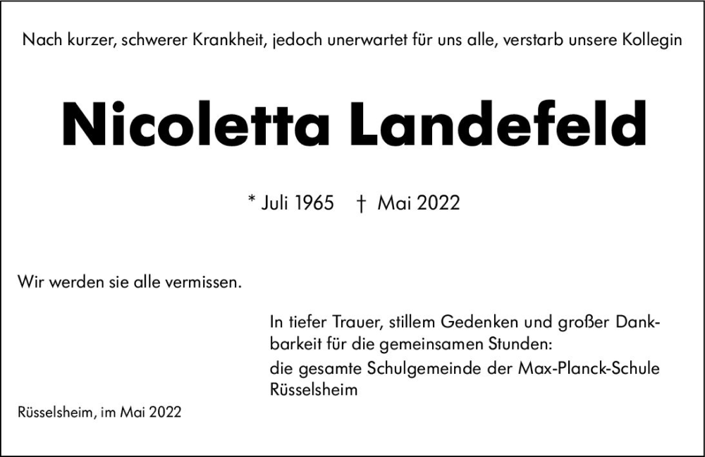  Traueranzeige für Nicoletta Landefeld vom 13.05.2022 aus vrm-trauer Rüsselsheimer Echo / MainSpitze