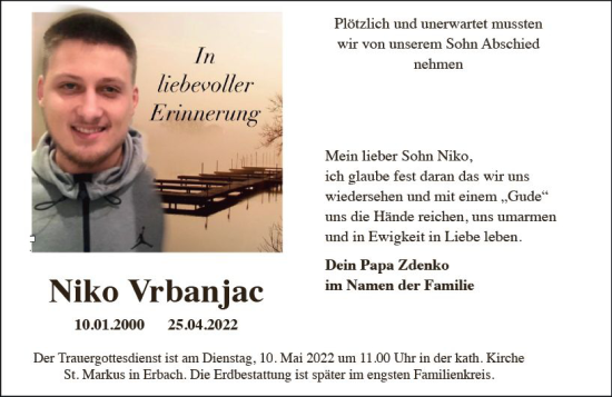 Traueranzeige von Niko Vrbanjac von vrm-trauer Wiesbadener Kurier