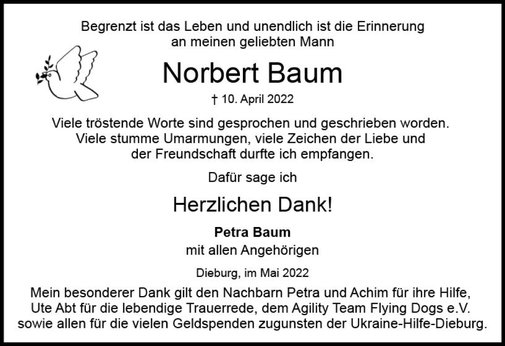  Traueranzeige für Norbert Baum vom 21.05.2022 aus vrm-trauer DieburgerAnzeiger/Groß-Zimmerner Lokala