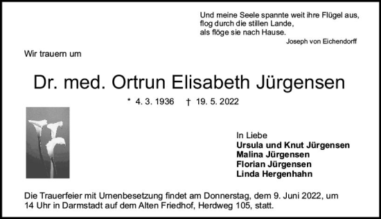 Traueranzeige von Ortrun Elisabeth Jürgensen von vrm-trauer Darmstädter Echo