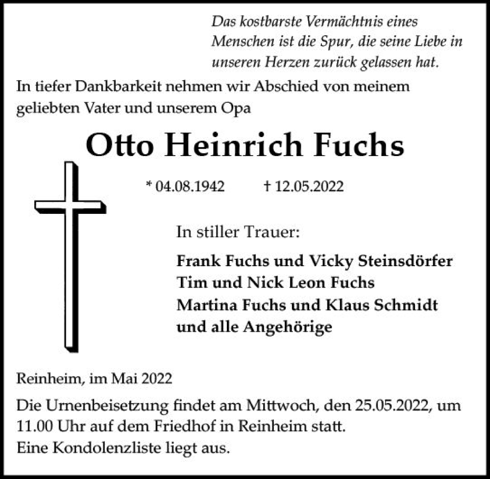  Traueranzeige für Otto Heinrich Fuchs vom 21.05.2022 aus vrm-trauer Darmstädter Echo