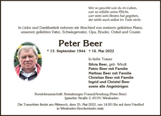 Traueranzeige von Peter Beer von vrm-trauer Wiesbadener Kurier