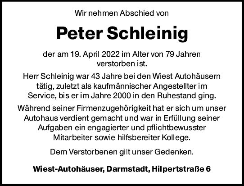  Traueranzeige für Peter Schleinig vom 07.05.2022 aus vrm-trauer Darmstädter Echo