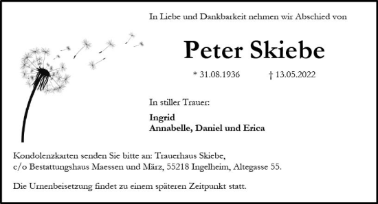 Traueranzeige von Peter Skiebe von vrm-trauer Allgemeine  Zeitung Ingelheim-Bingen