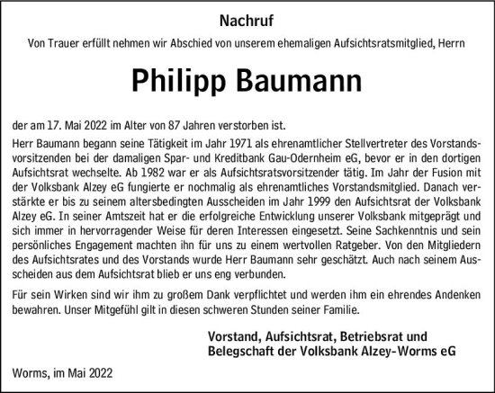 Traueranzeige von Philipp Baumann von vrm-trauer Allgemeine Zeitung Alzey