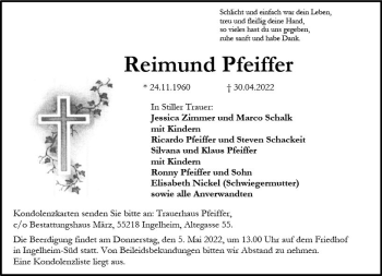 Traueranzeige von Reimund Pfeiffer von vrm-trauer Allgemeine  Zeitung Ingelheim-Bingen