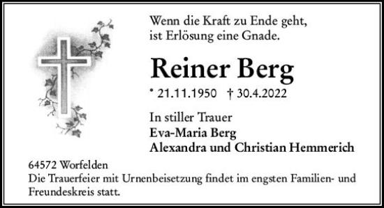 Traueranzeige von Reiner Berg von vrm-trauer Groß-Gerauer Echo