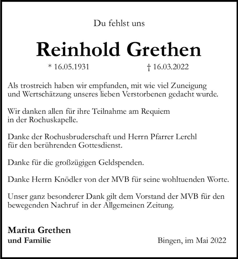 Traueranzeige für Reinhold Grethen vom 04.05.2022 aus vrm-trauer Allgemeine  Zeitung Ingelheim-Bingen