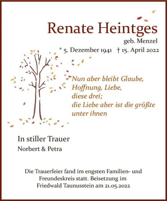 Traueranzeige von Renate Heintges von vrm-trauer Wiesbadener Kurier
