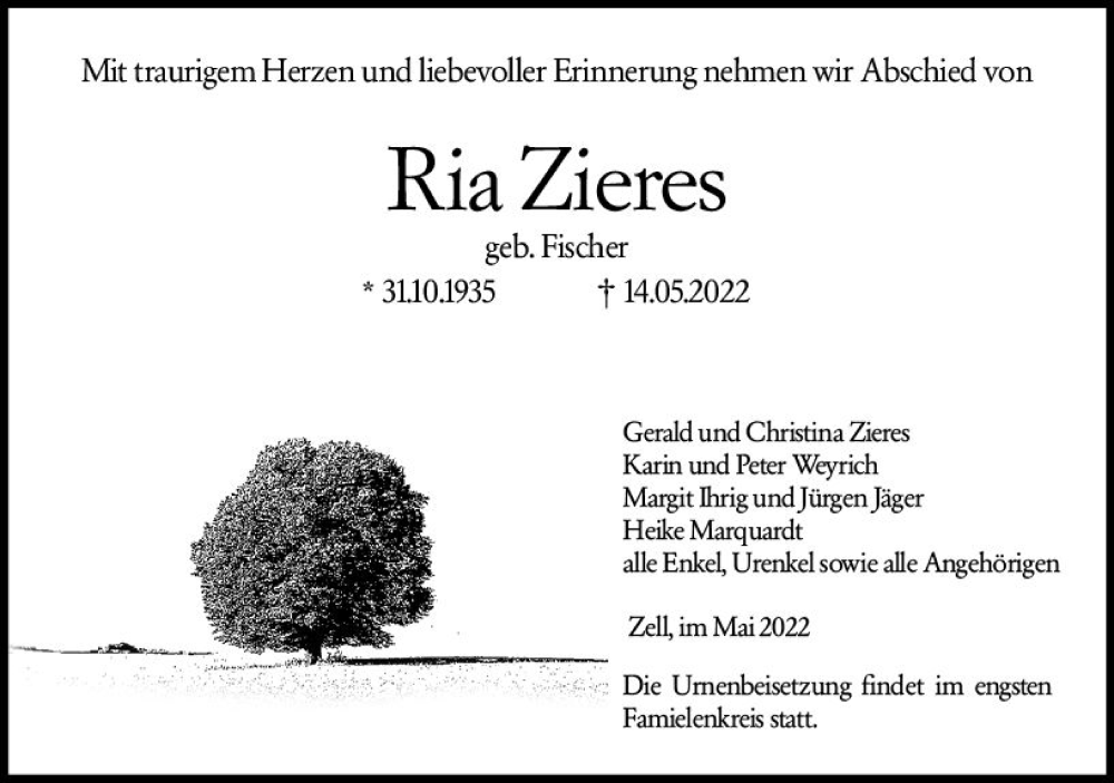  Traueranzeige für Ria Zieres vom 21.05.2022 aus vrm-trauer Odenwälder Echo
