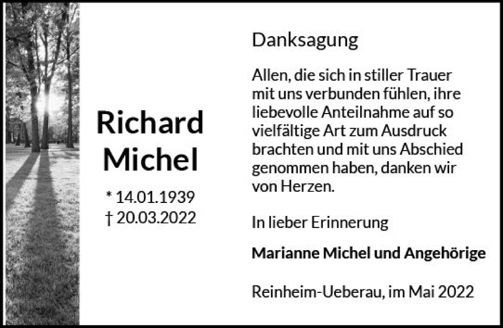  Traueranzeige für Richard Michel vom 07.05.2022 aus vrm-trauer Darmstädter Echo