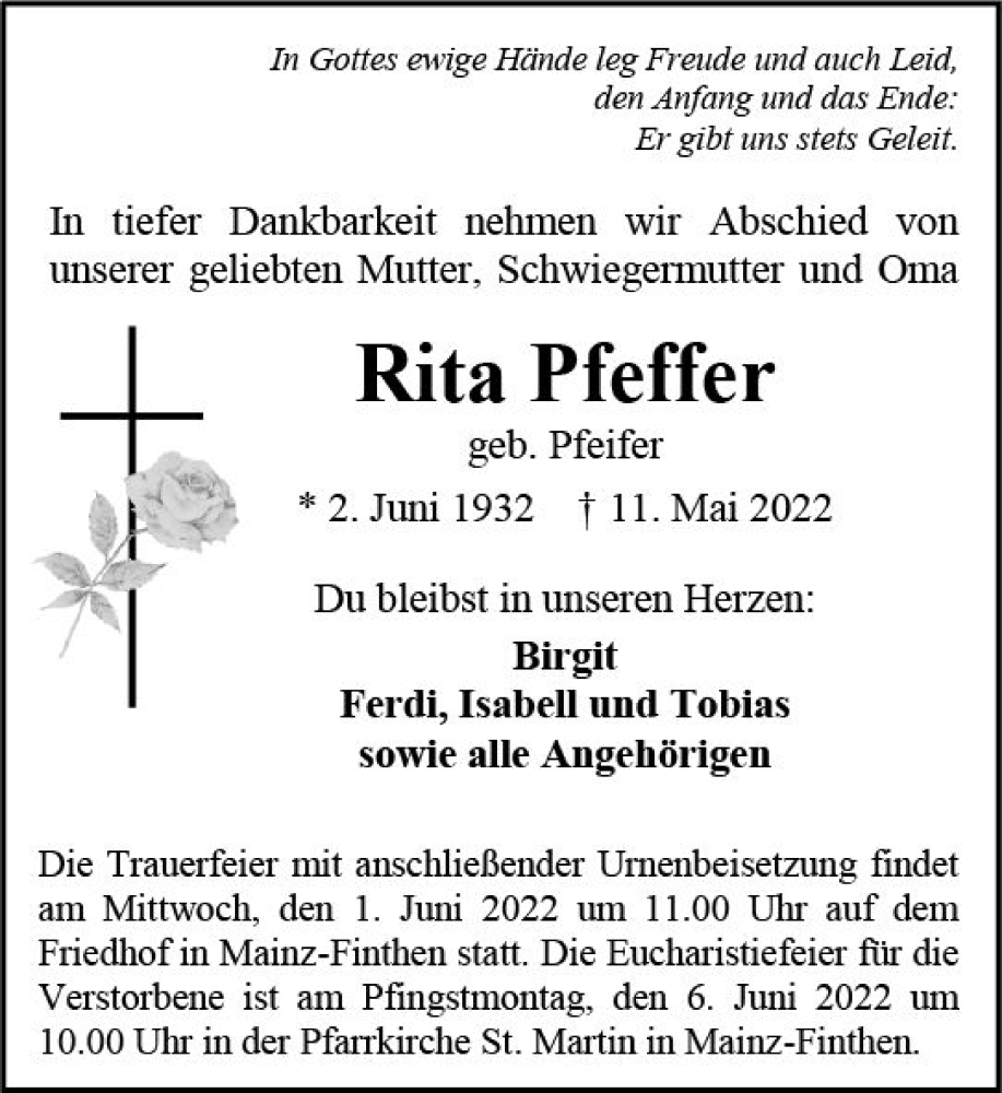  Traueranzeige für Rita Pfeffer vom 28.05.2022 aus vrm-trauer AZ Mainz