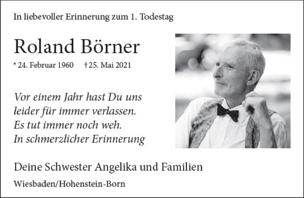  Traueranzeige für Roland Börner vom 25.05.2022 aus vrm-trauer Wiesbadener Kurier