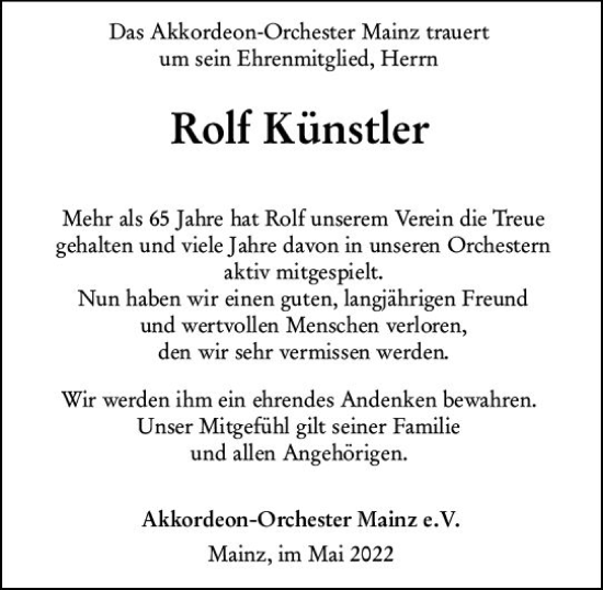 Traueranzeige von Rolf Künstler von vrm-trauer AZ Mainz