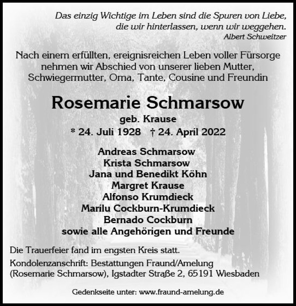  Traueranzeige für Rosemarie Schmarsow vom 28.05.2022 aus vrm-trauer Wiesbadener Kurier