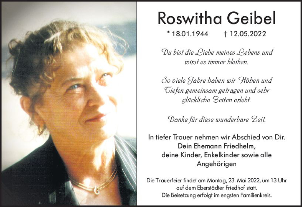  Traueranzeige für Roswitha Geibel vom 21.05.2022 aus vrm-trauer Darmstädter Echo