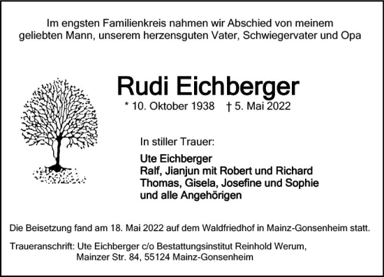 Traueranzeige von Rudi Eichberger von vrm-trauer AZ Mainz