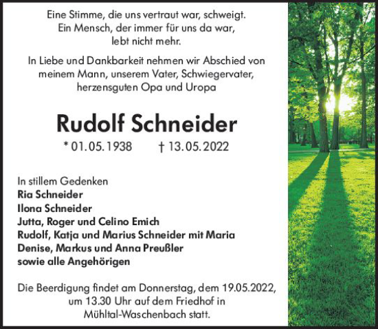 Traueranzeige von Rudolf Schneider von vrm-trauer Darmstädter Echo