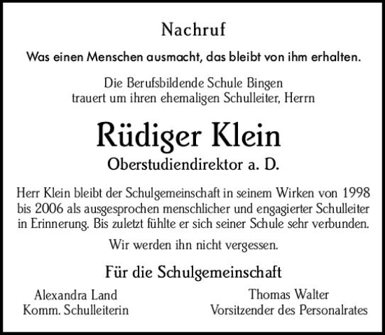 Traueranzeige von Rüdiger Klein von vrm-trauer Allgemeine  Zeitung Ingelheim-Bingen