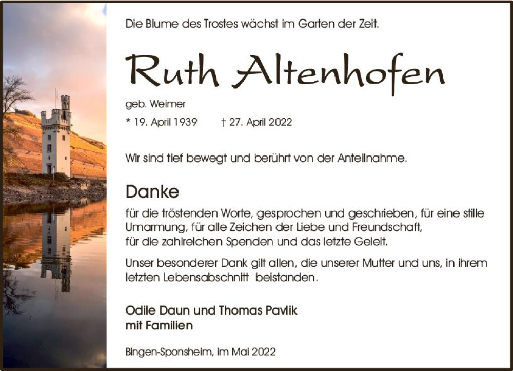  Traueranzeige für Ruth Altenhofen vom 28.05.2022 aus vrm-trauer Allgemeine  Zeitung Ingelheim-Bingen