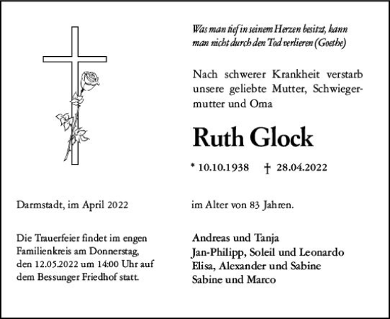 Traueranzeige von Ruth Glock von vrm-trauer Darmstädter Echo