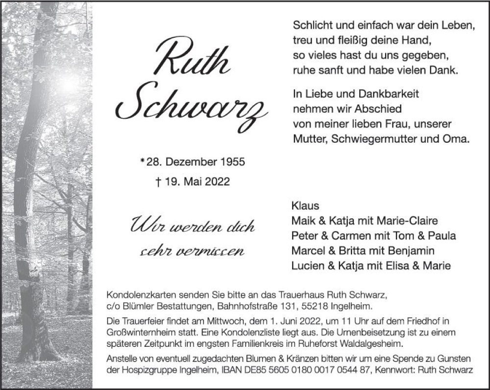  Traueranzeige für Ruth Schwarz vom 21.05.2022 aus vrm-trauer Allgemeine  Zeitung Ingelheim-Bingen