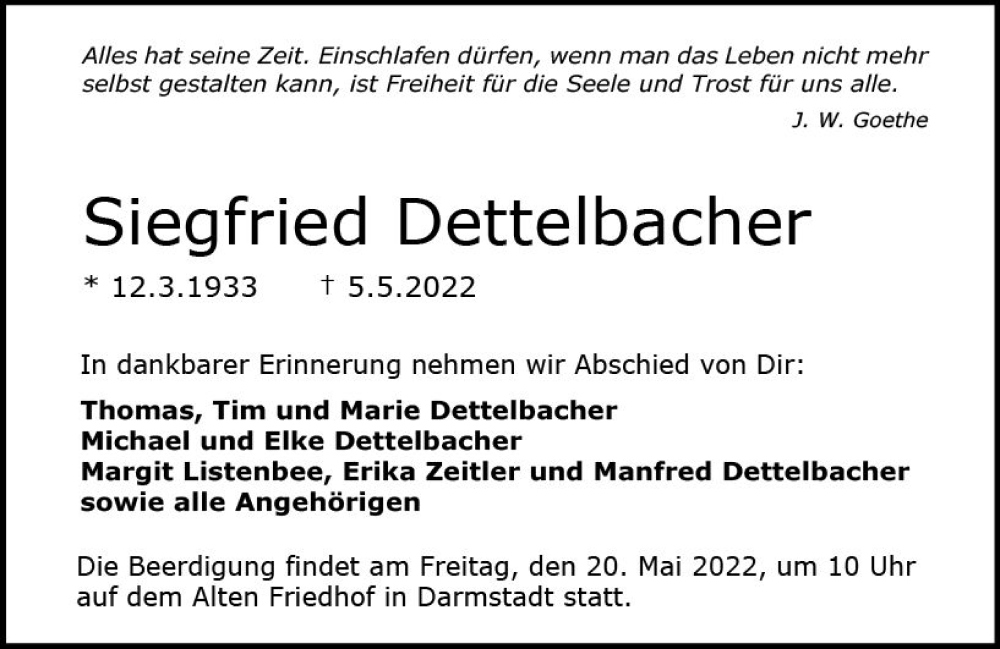  Traueranzeige für Siegfried Dettelbacher vom 14.05.2022 aus vrm-trauer Darmstädter Echo