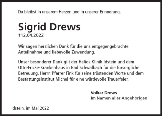 Traueranzeige von Sigrid Drews von vrm-trauer Idsteiner Zeitung