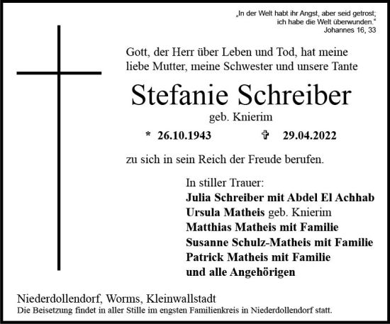 Traueranzeige von Stefanie Schreiber von vrm-trauer Wormser Zeitung