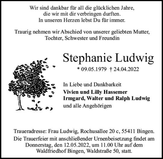 Traueranzeige von Stephanie Ludwig von vrm-trauer Allgemeine  Zeitung Ingelheim-Bingen
