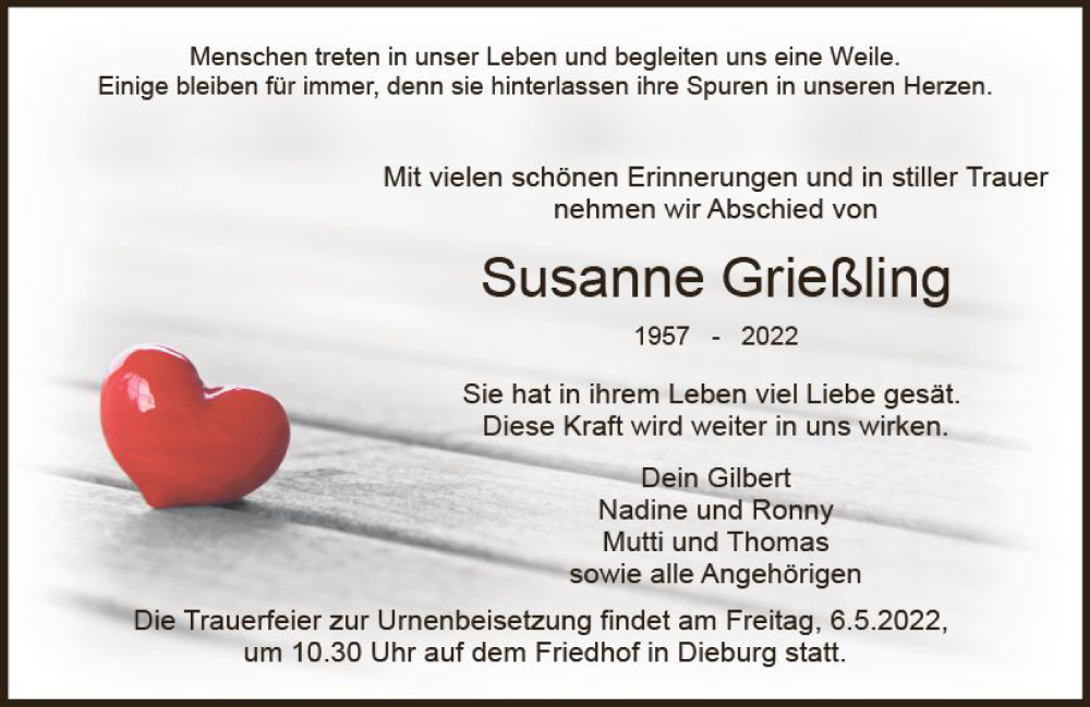  Traueranzeige für Susanne Grießling vom 05.05.2022 aus vrm-trauer DieburgerAnzeiger/Groß-Zimmerner Lokala