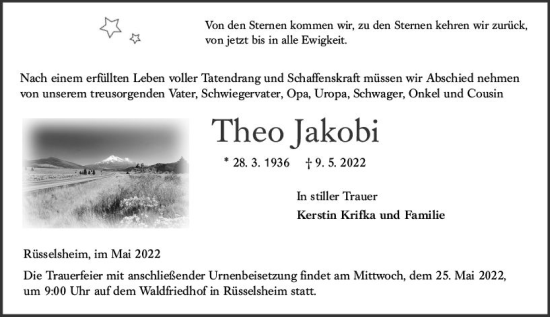 Traueranzeige von Theo Jakobi von vrm-trauer Rüsselsheimer Echo / MainSpitze