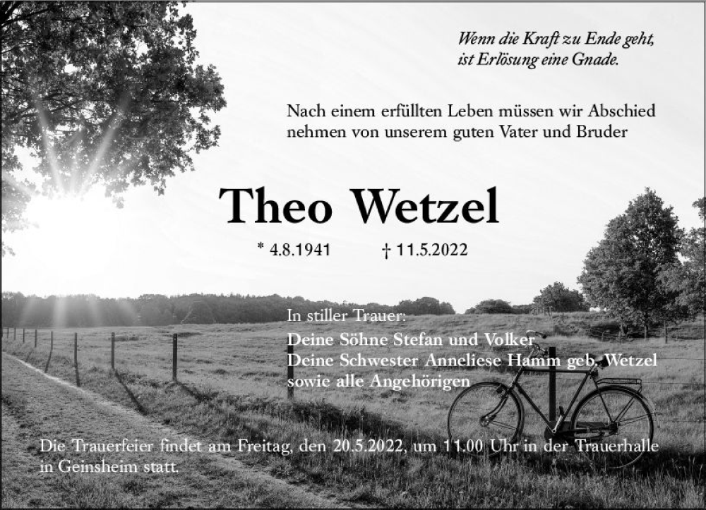  Traueranzeige für Theo Wetzel vom 16.05.2022 aus vrm-trauer Groß-Gerauer Echo