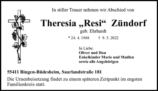 Traueranzeige von Theresia Zündorf von vrm-trauer Allgemeine  Zeitung Ingelheim-Bingen