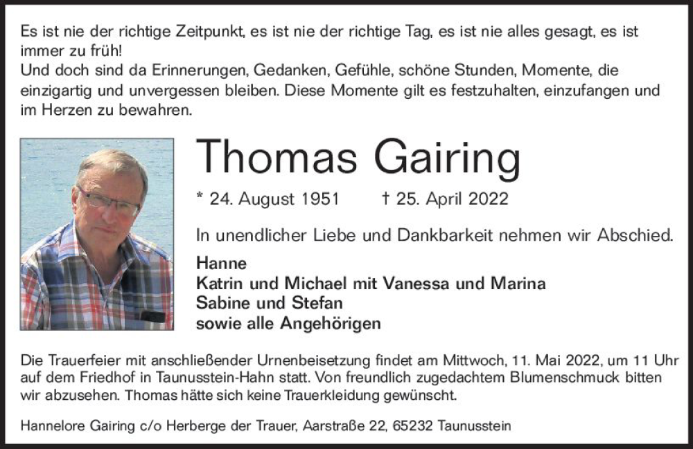  Traueranzeige für Thomas Gairing vom 07.05.2022 aus vrm-trauer Wiesbadener Kurier