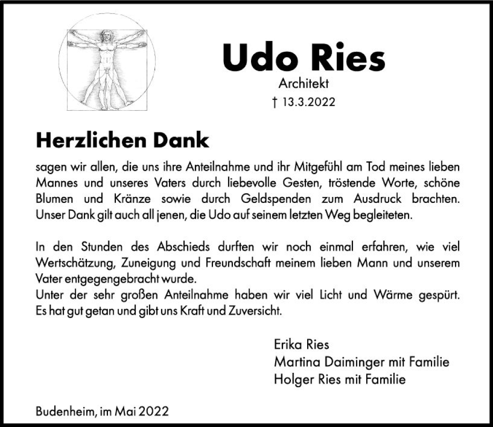  Traueranzeige für Udo Ries vom 14.05.2022 aus vrm-trauer AZ Mainz