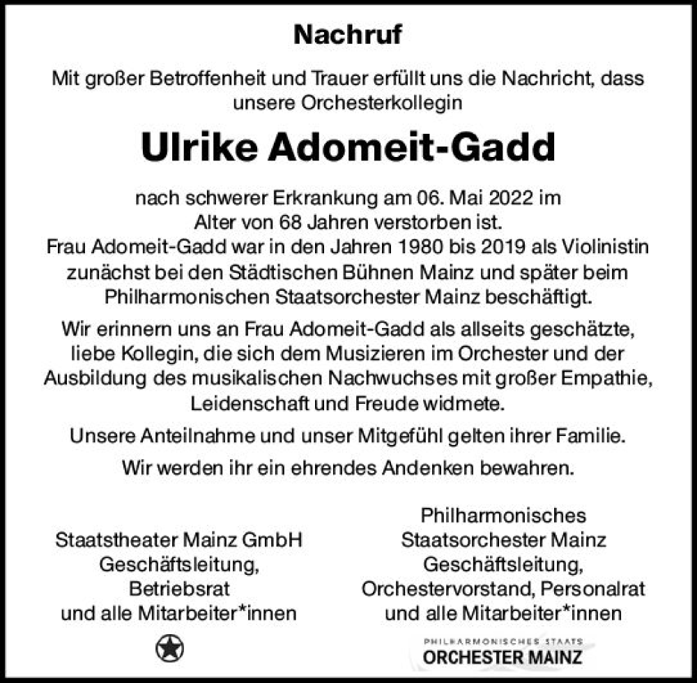  Traueranzeige für Ulrike Adomeit-Gadd vom 14.05.2022 aus vrm-trauer AZ Mainz