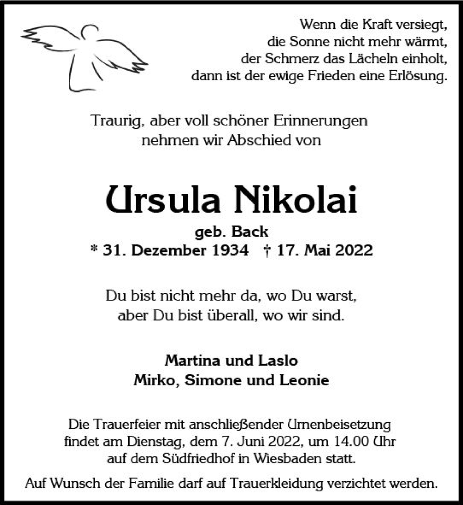  Traueranzeige für Ursula Nikolai vom 28.05.2022 aus vrm-trauer Wiesbadener Kurier