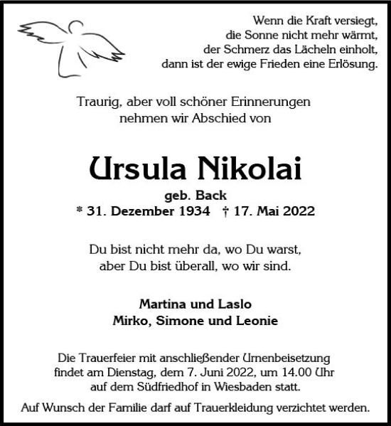 Traueranzeige von Ursula Nikolai von vrm-trauer Wiesbadener Kurier