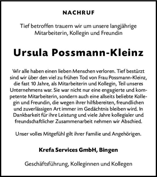 Traueranzeige von Ursula Possmann-Kleinz von vrm-trauer Allg. Zeitung Bad Kreuznach