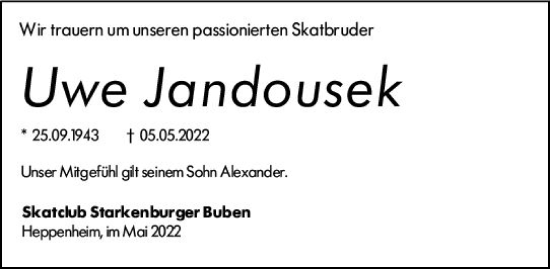 Traueranzeige von Uwe Jandousek von vrm-trauer Bürstädter/Lamperth. Ztg/Starkenburger