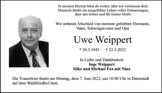 Traueranzeige von Uwe Weippert von vrm-trauer Darmstädter Echo