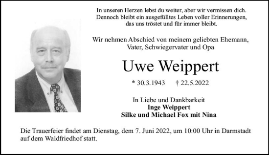 Traueranzeige von Uwe Weippert von vrm-trauer Darmstädter Echo