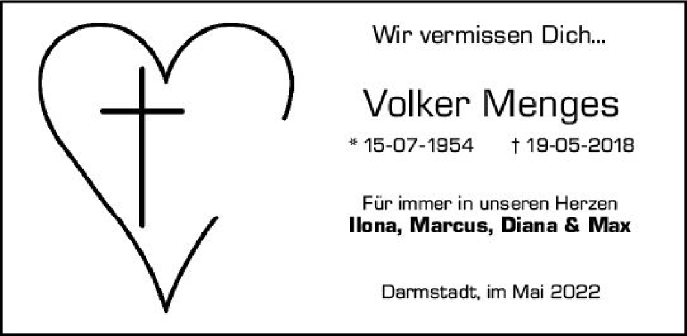  Traueranzeige für Volker Menges vom 21.05.2022 aus vrm-trauer Darmstädter Echo