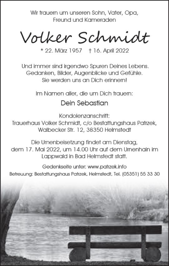 Traueranzeige von Volker Schmidt von vrm-trauer Wiesbadener Kurier