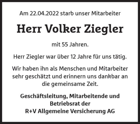 Traueranzeige von Volker Ziegler von vrm-trauer Wiesbadener Kurier